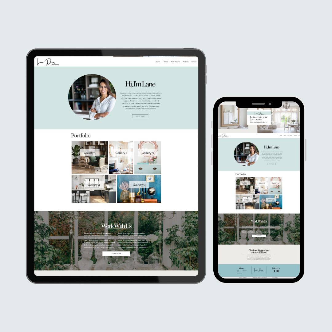 Showit vs Squarespace comparison showing custom Showit website design for interior designer on tablet and mobile devices with portfolio galleries and responsive layout