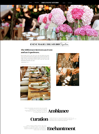 Elegant event planning website template featuring a hero image of pink peonies and romantic table setting with string lights. The design showcases 'The Event Studio' branding with sophisticated serif typography, lifestyle photography of luxurious tablescapes with candles and greenery, and three key brand pillars - Ambiance, Curation, and Enchantment - displayed in dramatic editorial-style typography. Perfect for wedding planners and event designers seeking a refined, romantic web presence.